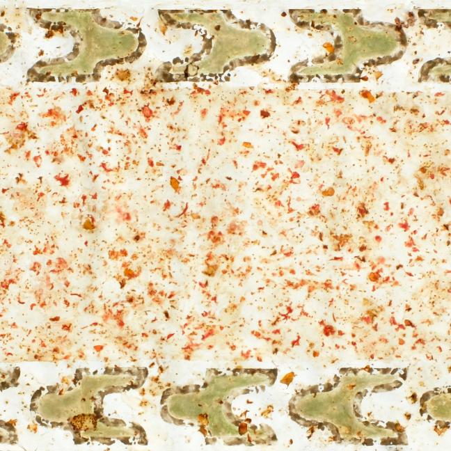 série ''Eloge de la tomate''-jus graines chairs peaux de tomate+ chlorophylle+ terre.. sur papier-125x315 ou 315x125 cm