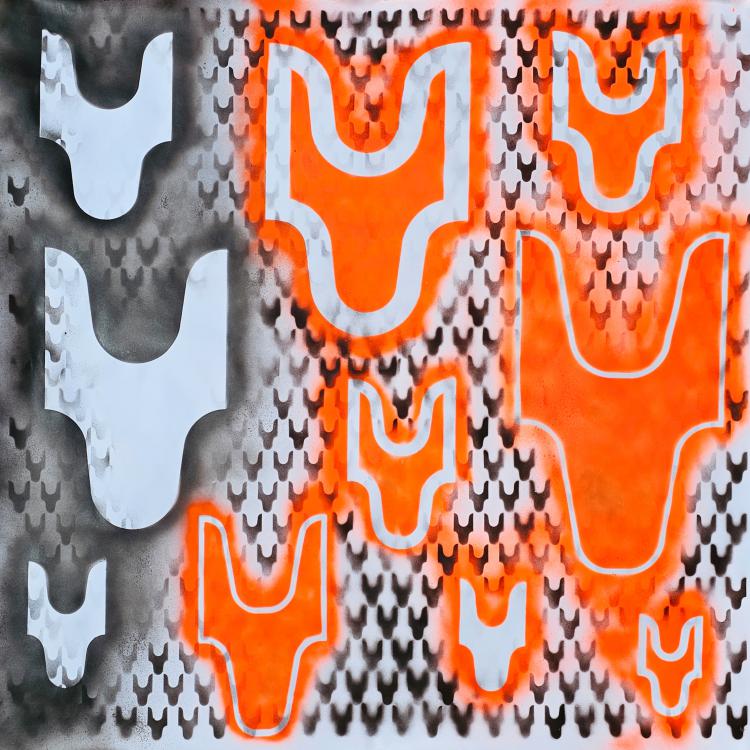 série ''peinture fluo'' - ST- P104 - fluo orange, noir et gris sur papier- 150x150 cm