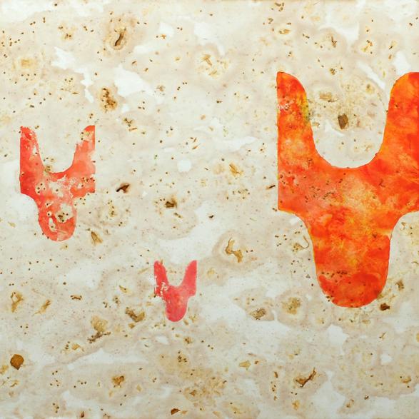 série ''Eloge de la Tomate'''- acrylique+ jus chair graines peaux de tomate sur papier -70x100 cm-''ST P666 W''