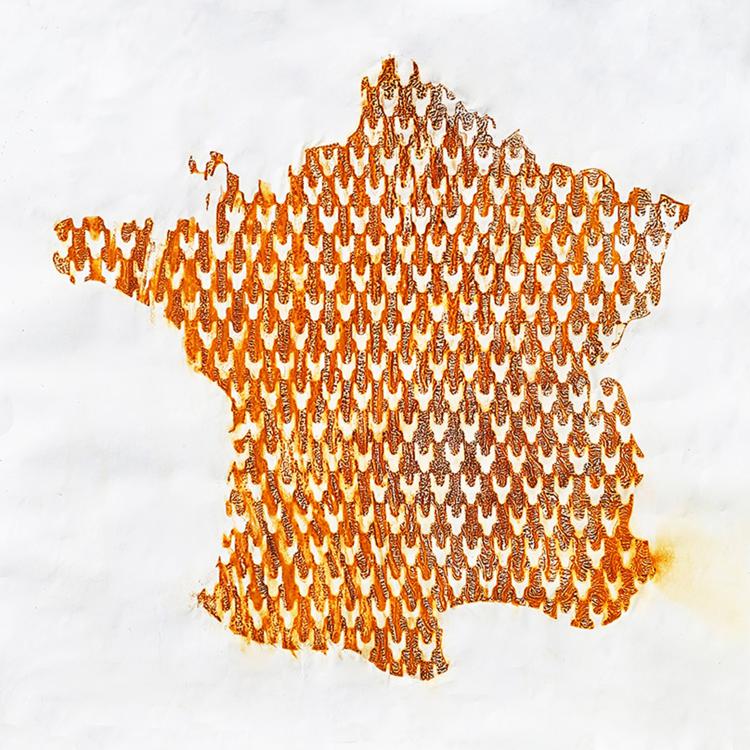série ''Carte de France''- ici rouille sur papier 2 pour dyptique ''le même n'est pas l'identique'' -150 x 150 cm-