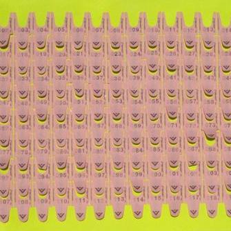 Peinture de la série ''Take your ticket'' - ''ST-T 02'' - peinture fluo + tickets file d’attente sur bois - 41x54x4 cm