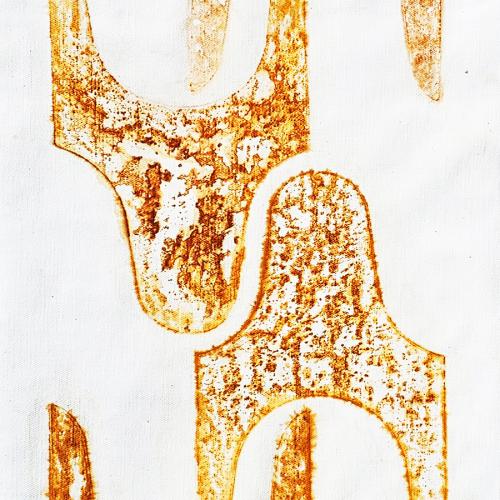 série rouille sur toile libre 6F- empreintes ici ''Forme initiale'' de 1991- 120x45cm