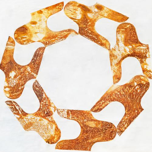 ''La Roue tourne''- série ''Rouille''sur toile- 7GF-empreintes ici Forme 1993- 210 x 210 cm