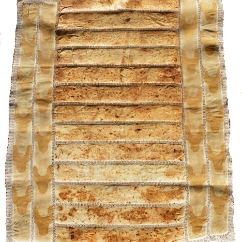 oeuvre série ''éloge de la tomate''- jus-graines chairs peaux+chlorophylle+peinture sur nappe coton-160x130 cm-''ST P669''