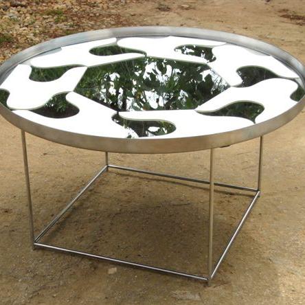 Table basse ''Ronda'' 3 fonctions: plateau/table+bar/ miroir - acier inox, miroir, verre, bâche PVC - Dim. H 40 cm / Diam 70 cm. Ed.3  (3 plateaux différents)